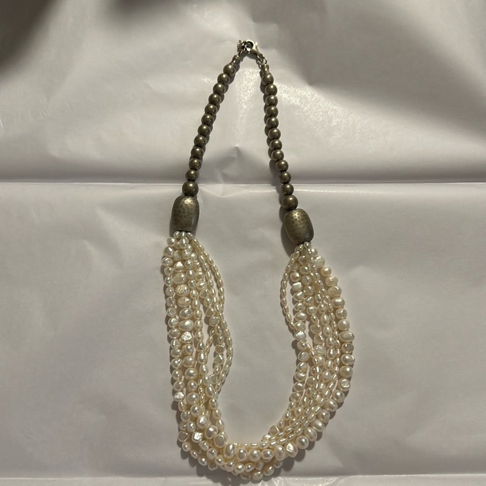 Silpada Multi Strand Pearl Sterling Necklace 925 Silver N1565 Hammered Bead